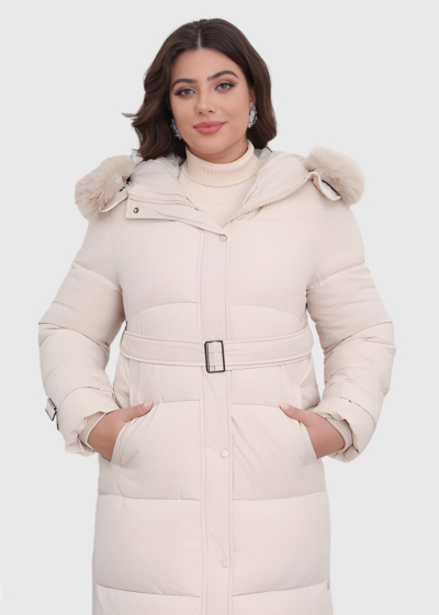 Darina Plus Size light beige long jacket with belt