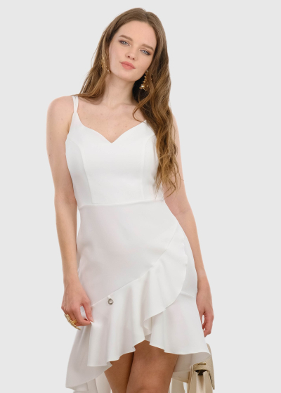 Ylenia white short evening dress with a dipped hem