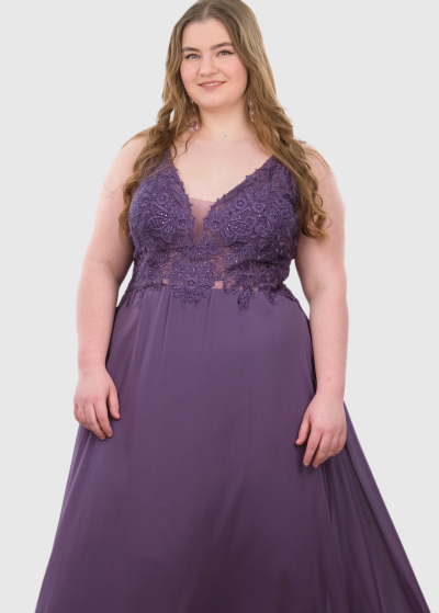 Isotta Plus Size purple evening dress with lace trim