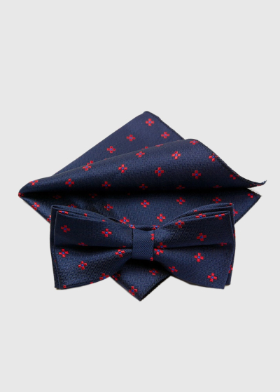 Dark blue patterned bow tie and handkerchief