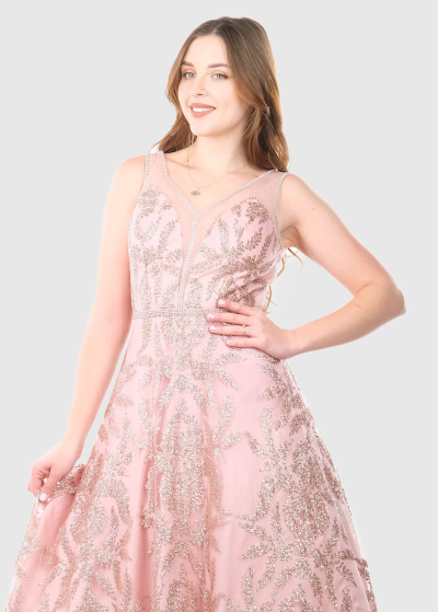Eva light pink long evening dress with pattern