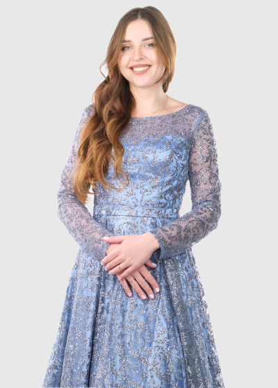 Eulalia light blue long puffy evening dress with pattern