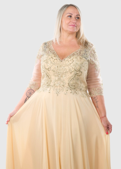 Fiamma Plus Size gold long evening dress 
