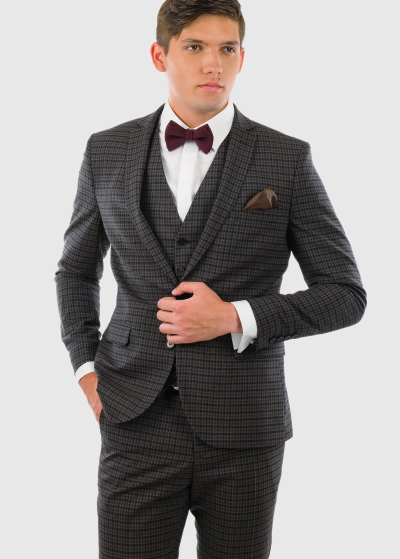 Terzo Slim Fit brown checkered woolen suit