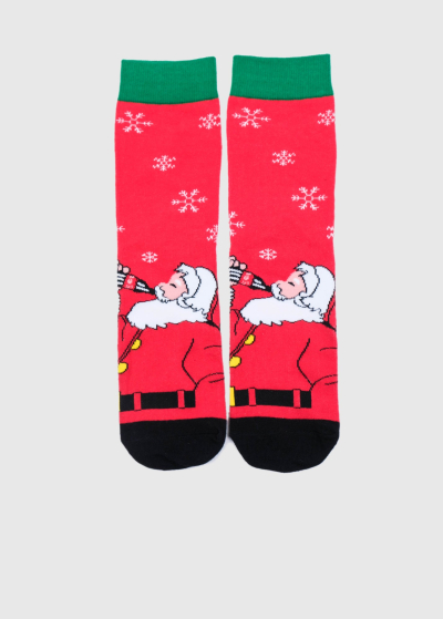Red men's socks with multi-colored print