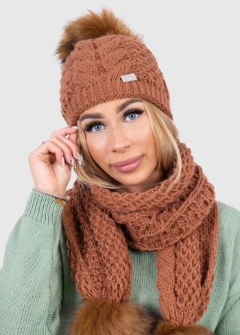 Eleonora brown scarf and pom pom beanie hat