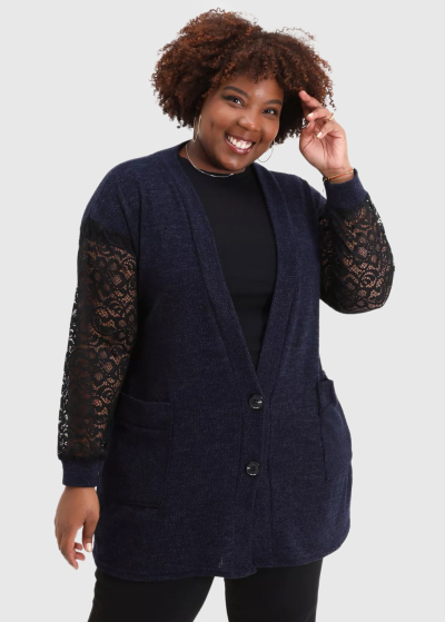 Albina Plus Size dark blue cardigan with lace inserts