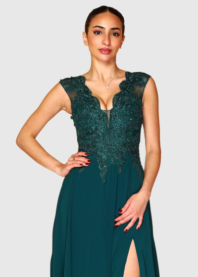 Veronica dark green evening dress with slit