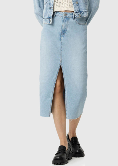 Blue denim skirt with thigh split